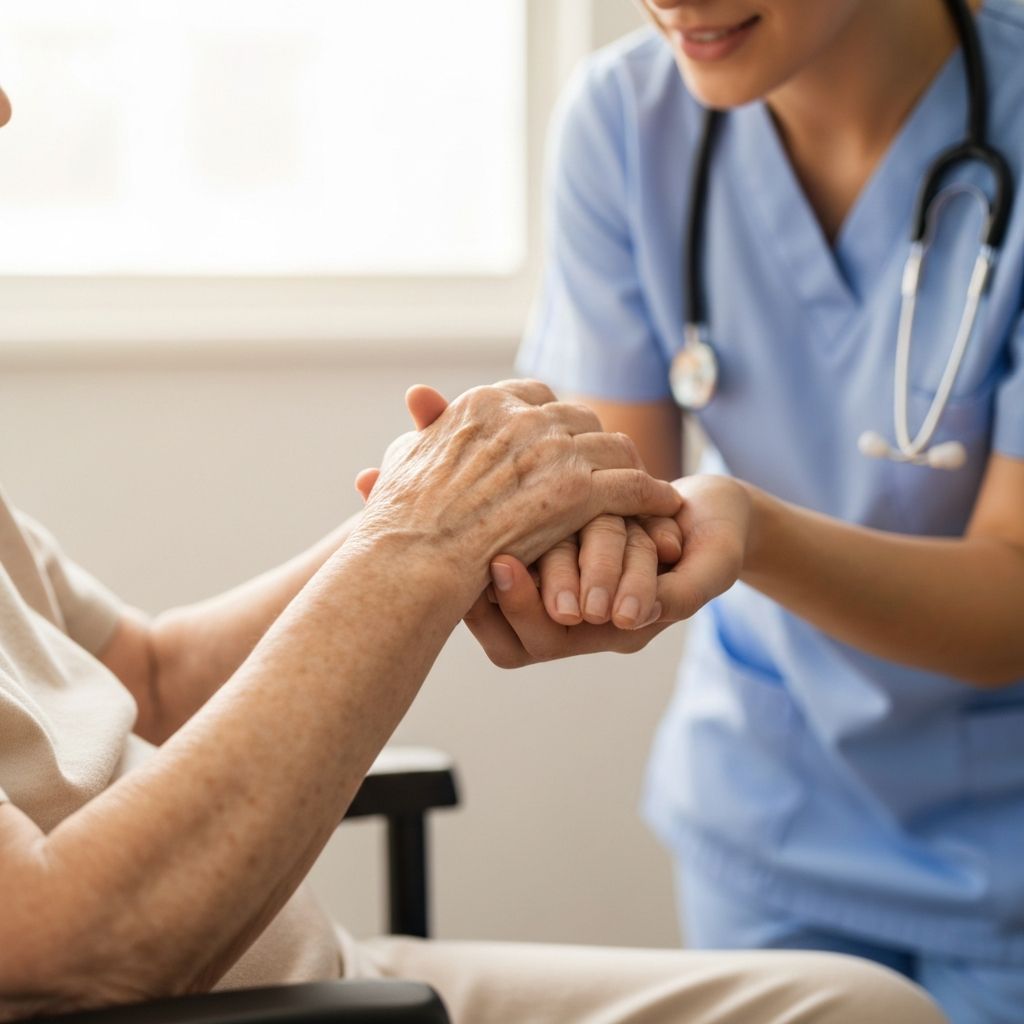 Elderly person's hands held gently by younger caregiver showing compassionate care