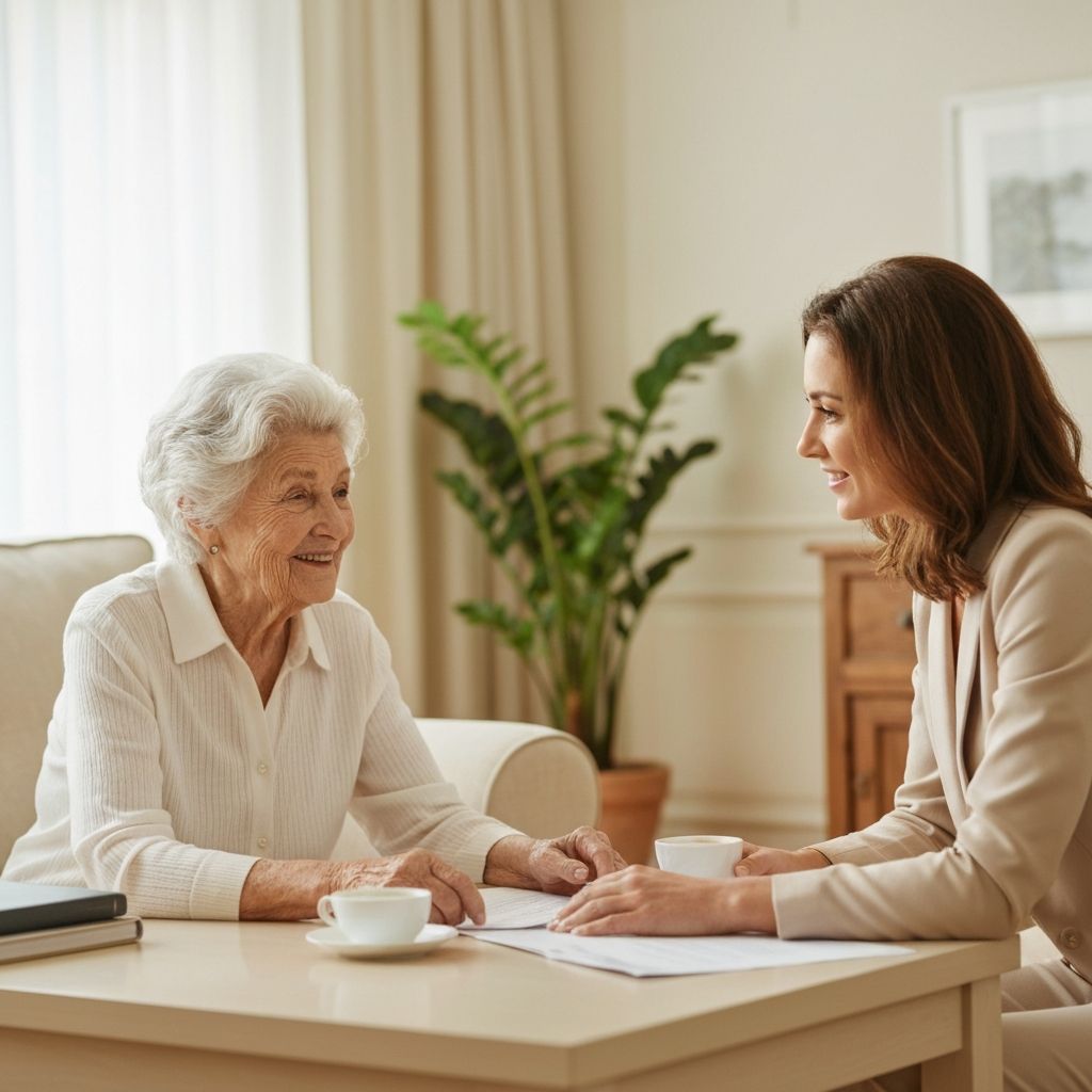 A Golden Placement specialist sharing coffee and guidance with a senior woman